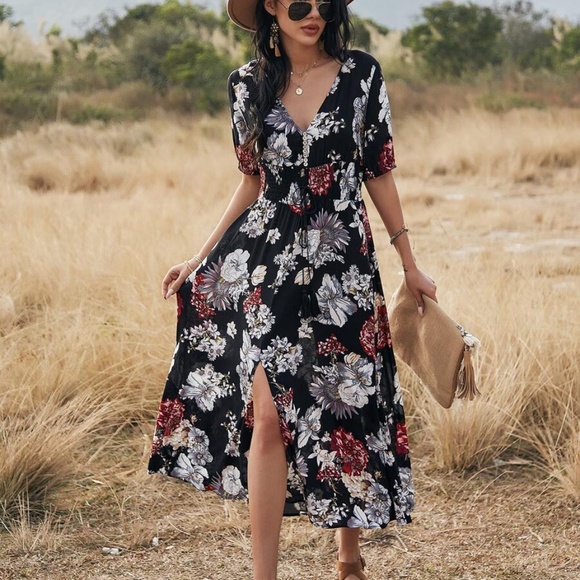 boho floral print vneck slit black midi dress Blue - Picture 4 of 11